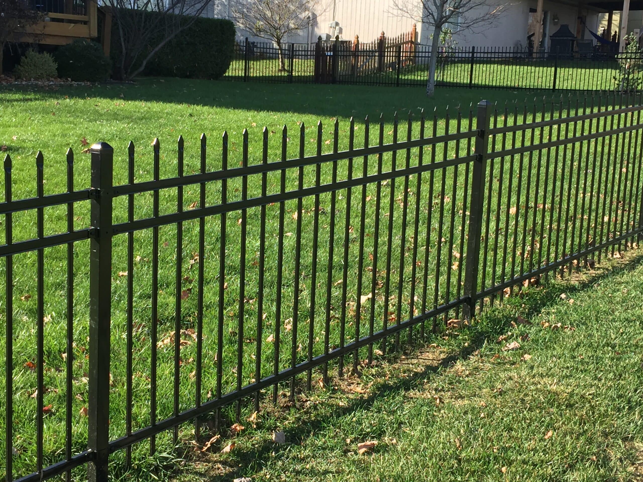 Elite Fence black ornamental aluminum fence with pointed finials defining a residential property line.