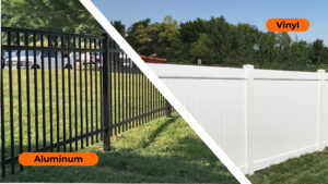 Aluminum fence vs vinyl fence comparison showing black aluminum fencing beside a white vinyl privacy fence installed by Elite Fence in Raymore MO.