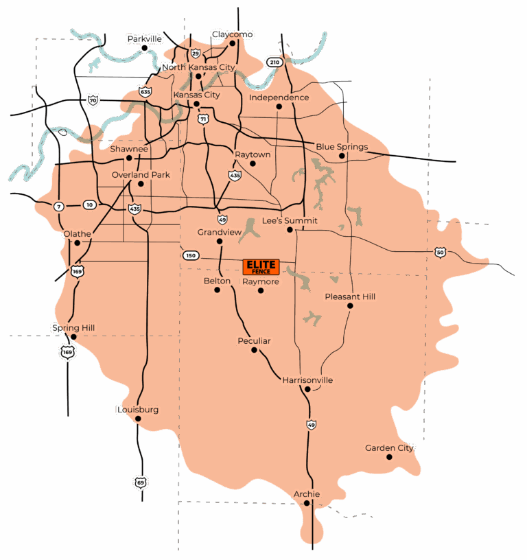 Map of the Elite Fence service area: Raymore, Belton, Lee's Summit, Peculiar, Pleasant Hill, Blue Springs and Harrisonville
