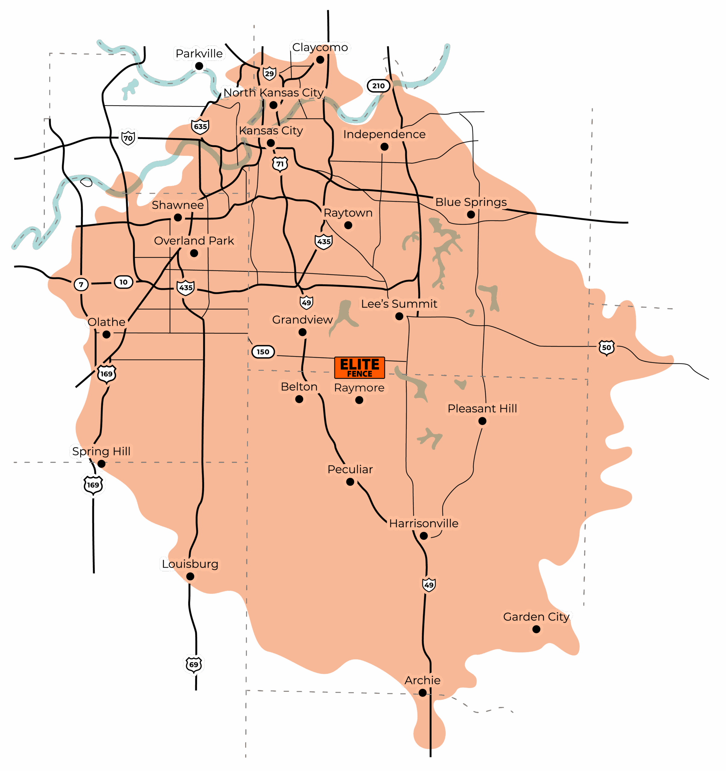 Elite Fence Kansas City Service Area Map Elite Fence service area map highlighting Kansas City metro and surrounding areas including Raymore, Belton, Lee’s Summit, Overland Park, and Olathe.