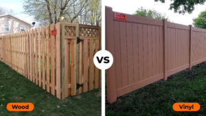 Wood fence vs vinyl fence comparison side by side showing natural wood fencing next to durable vinyl fencing – Elite Fence Raymore MO.