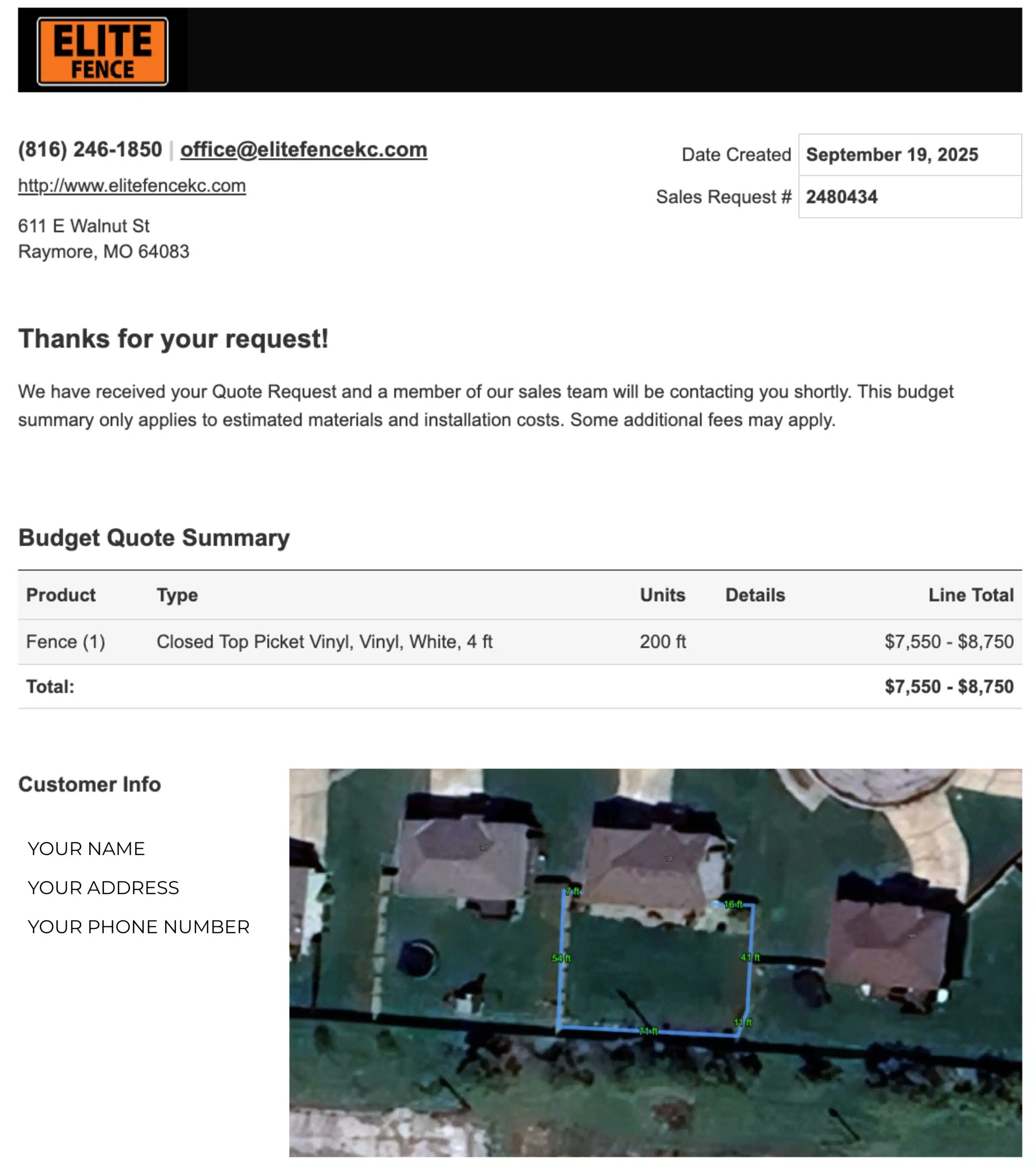 Sample Elite Fence budget quote: 200 ft of 4 ft white closed-top picket vinyl, $7,550 to $8,750, with the fence line measured on a satellite map