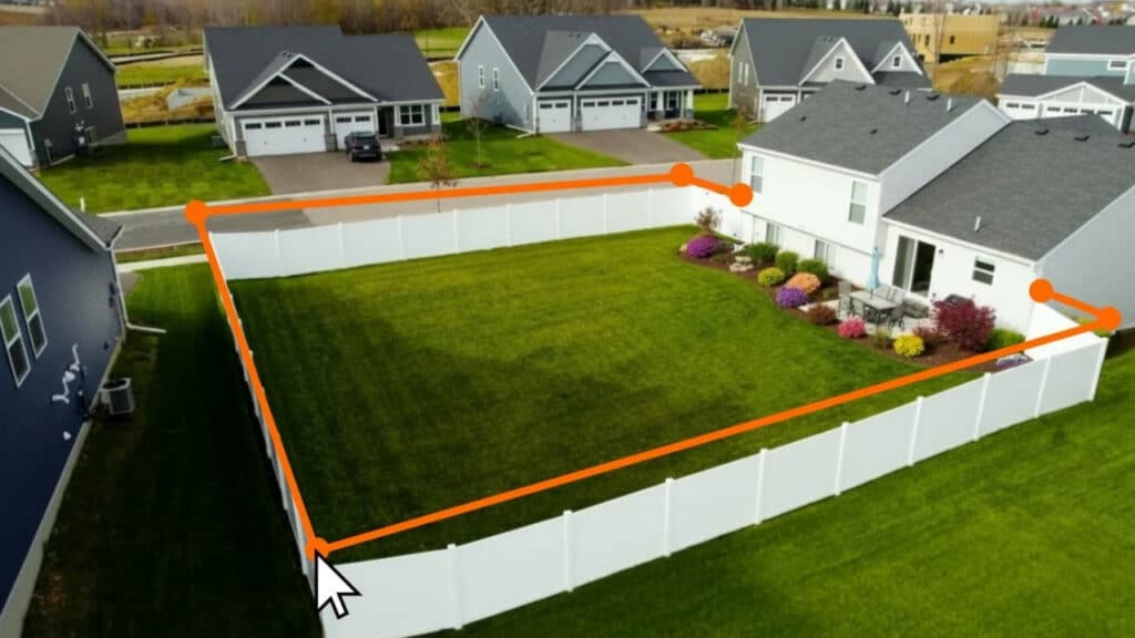 High-angle view of a backyard with a bright orange arrow graphic tracing the perimeter to show how to measure property lines for a fence.