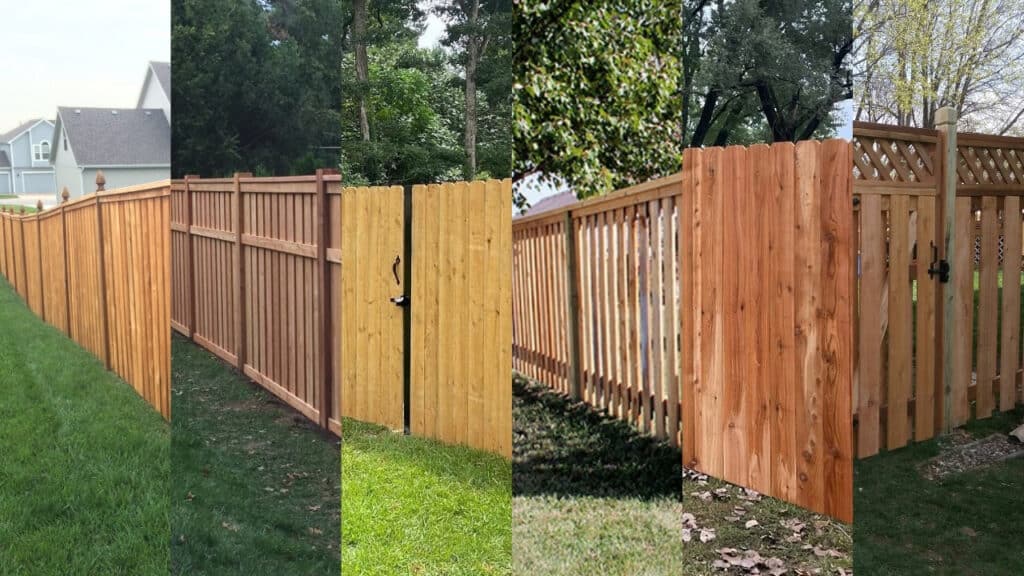 Multi-panel comparison of residential wood fence styles including privacy, picket, shadowbox, and lattice top fencing.