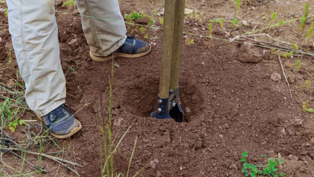 Close-up of digging a fence post hole in soil using a manual post hole digger tool for a residential fencing construction project.