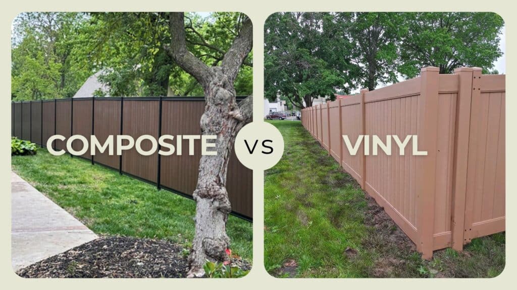 Side-by-side visual comparison of a dark composite privacy fence and a light brown vinyl privacy fence installed in residential backyards.