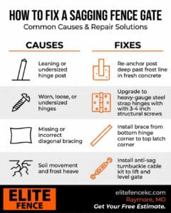 Elite Fence guide illustrating common causes and repair solutions for fixing a sagging fence gate.